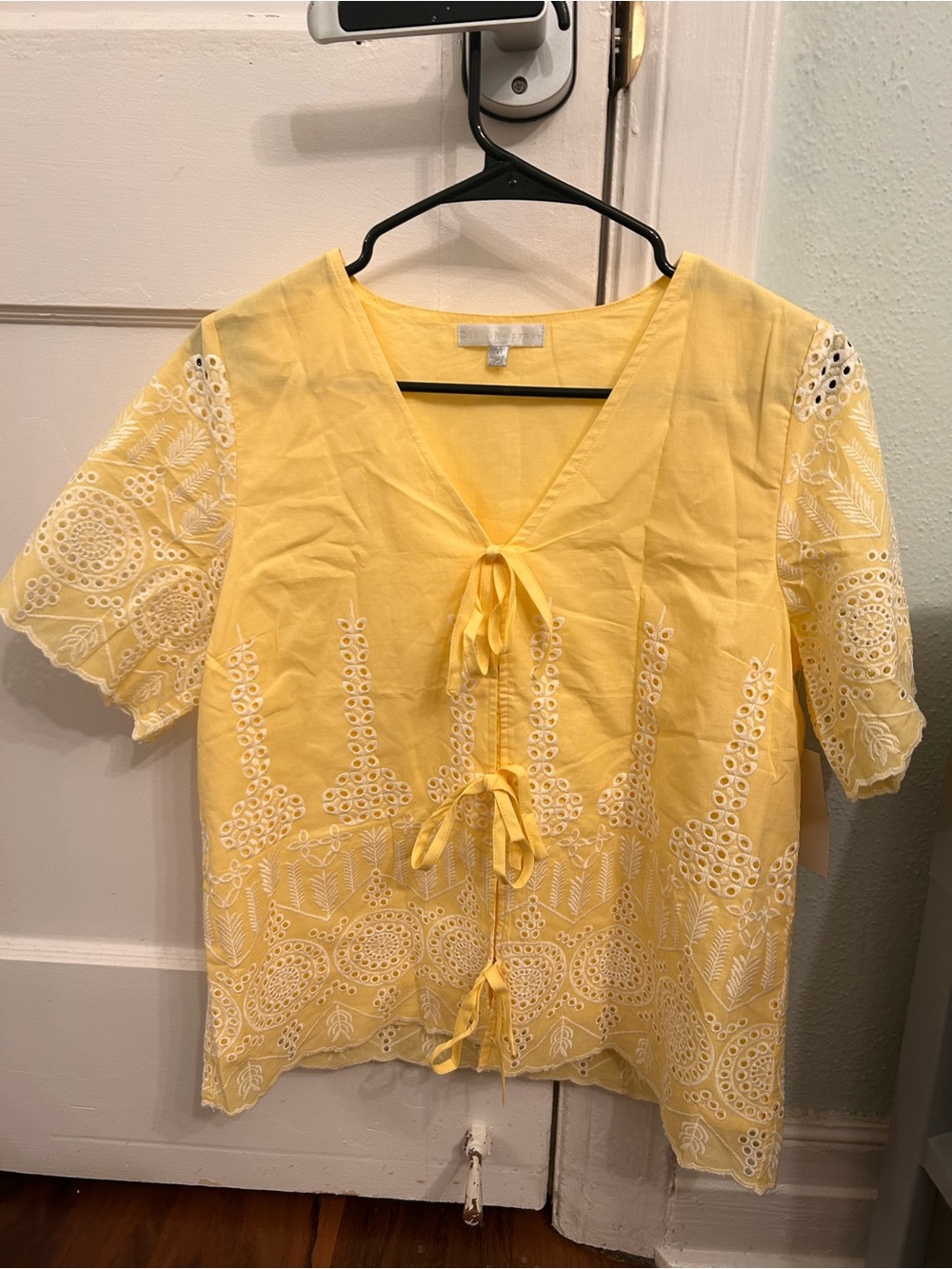 Yellow Embroidered Tie-Front Women's Top - Picture 5 of 7